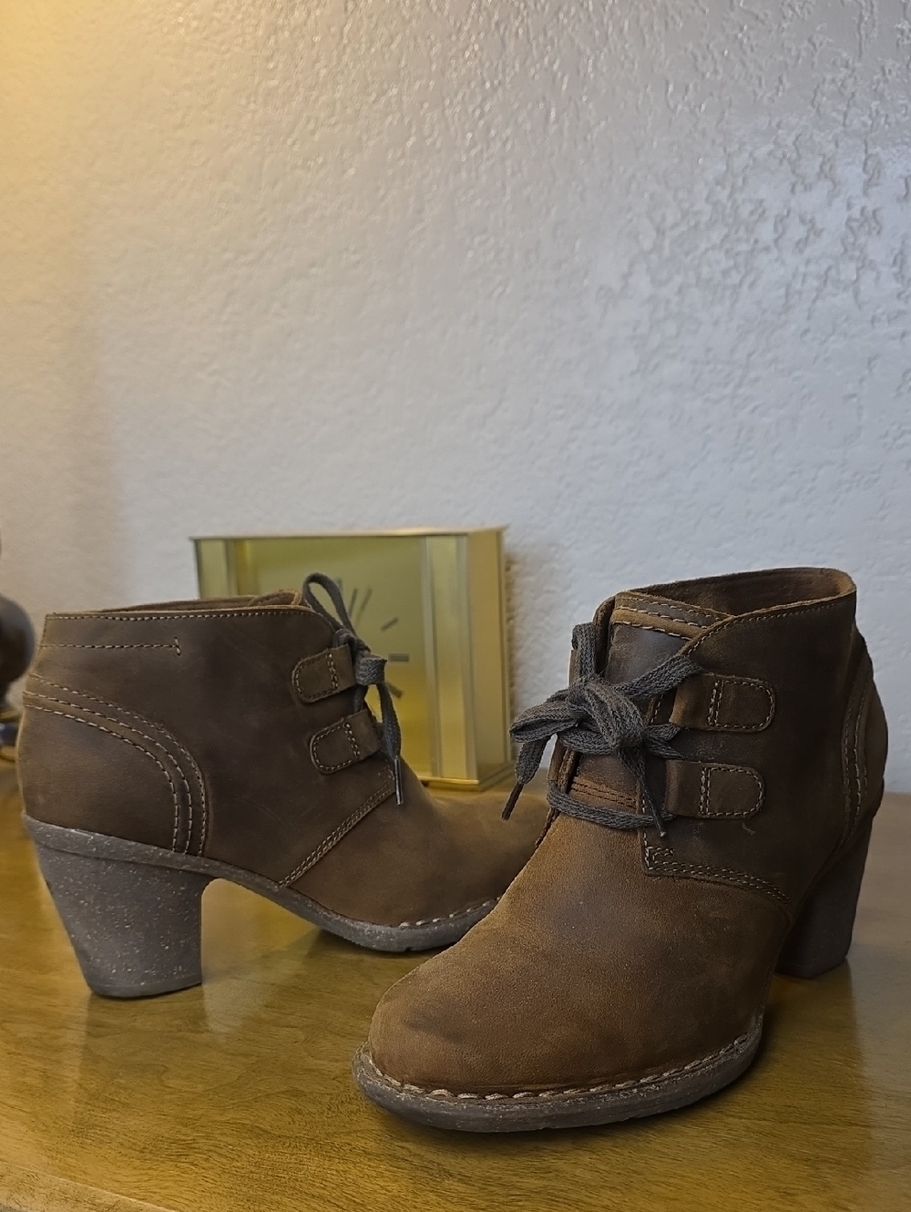 Clarks Brown Suede Lace-Up Ankle Booties with Stacked Heel